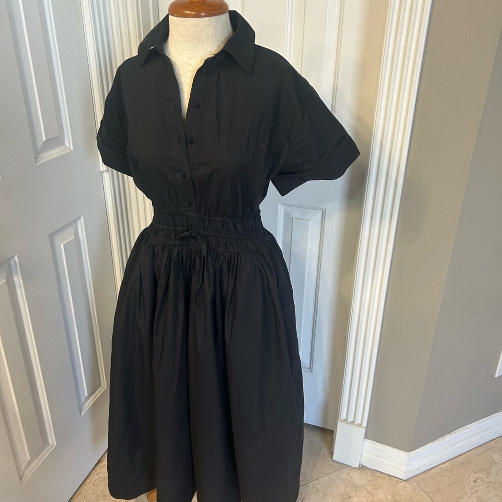 J. Crew Elena Black Midi Shirt Dress with Dolman Sleeves and Polo Collar